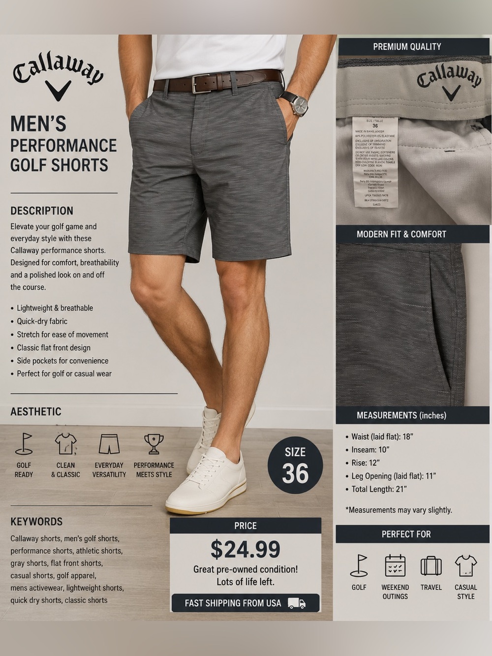 Callaway Men's Heathered Charcoal Golf Shorts